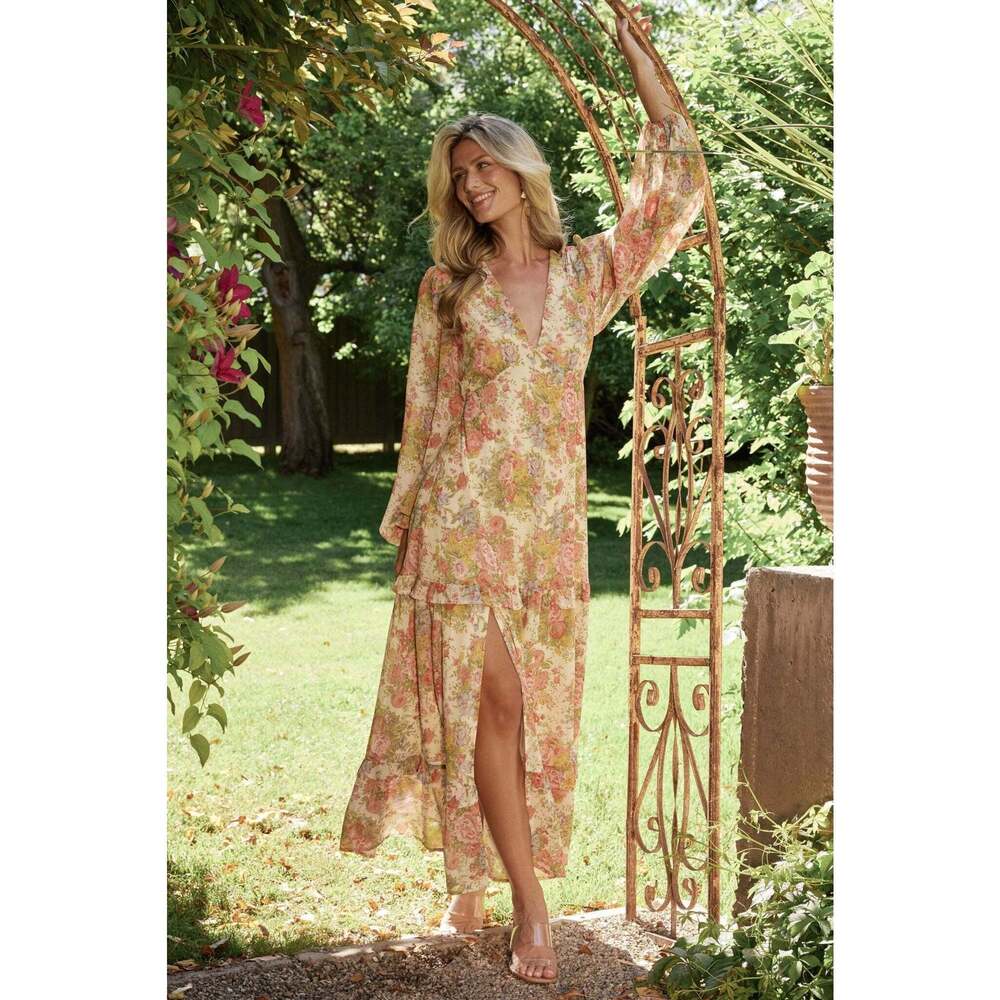 Baltic Born Bowman Deep V Maxi Dress | Cream Multi Floral Size LL